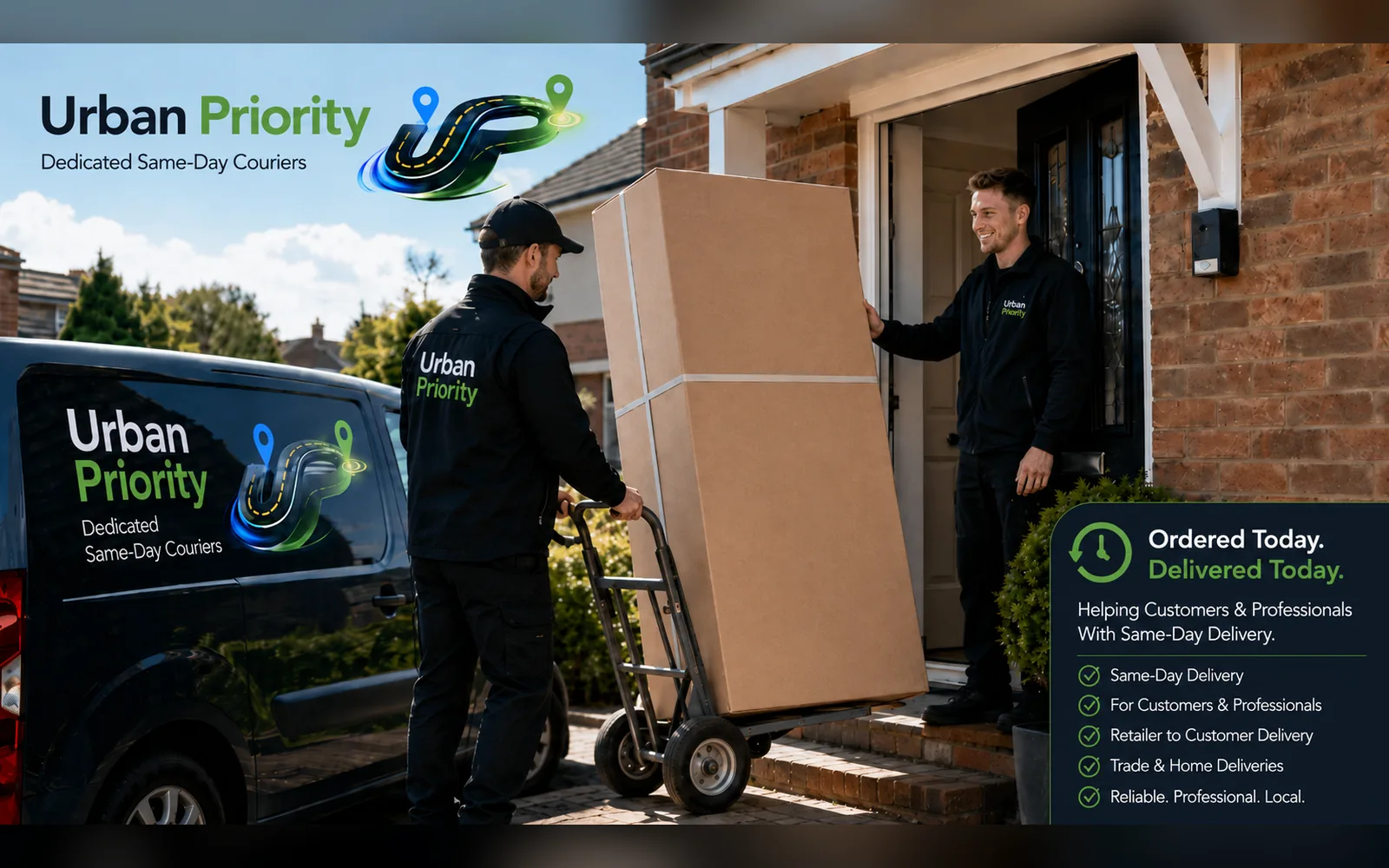 Courier delivering a larger parcel from a van